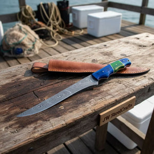 Handmade Damascus Fillet Knife – 10 Inch Overall, 5 Inch Precision Fish Filleting Blade with Colored Wood Handle, Full Tang