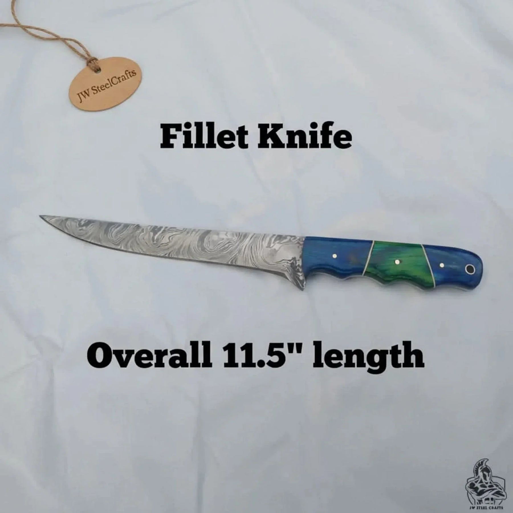 11.5 Inch Damascus Steel Fillet Knife with Two-Tone Colored Wood Handle | JW SteelCrafts detail view by JW SteelCrafts