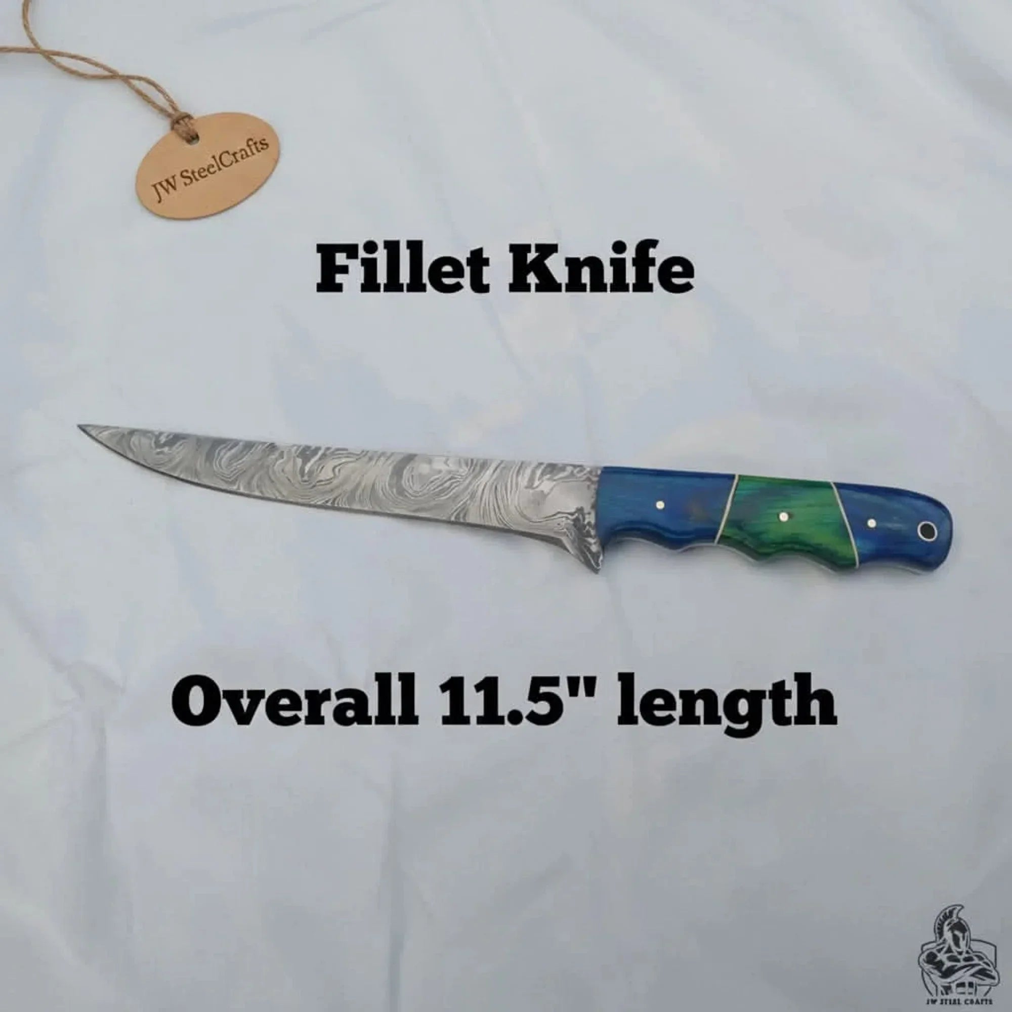 11.5 Inch Damascus Steel Fillet Knife with Two-Tone Colored Wood Handle | JW SteelCrafts detail view by JW SteelCrafts