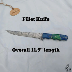 11.5 Inch Damascus Steel Fillet Knife with Two-Tone Colored Wood Handle | JW SteelCrafts detail view by JW SteelCrafts