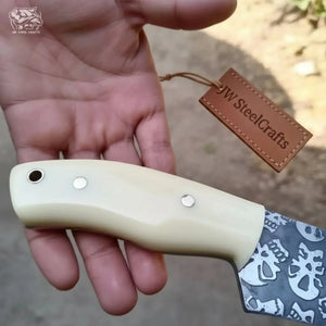 Damascus Skinner Knife White Resin Handle 7” detail view by JW SteelCrafts