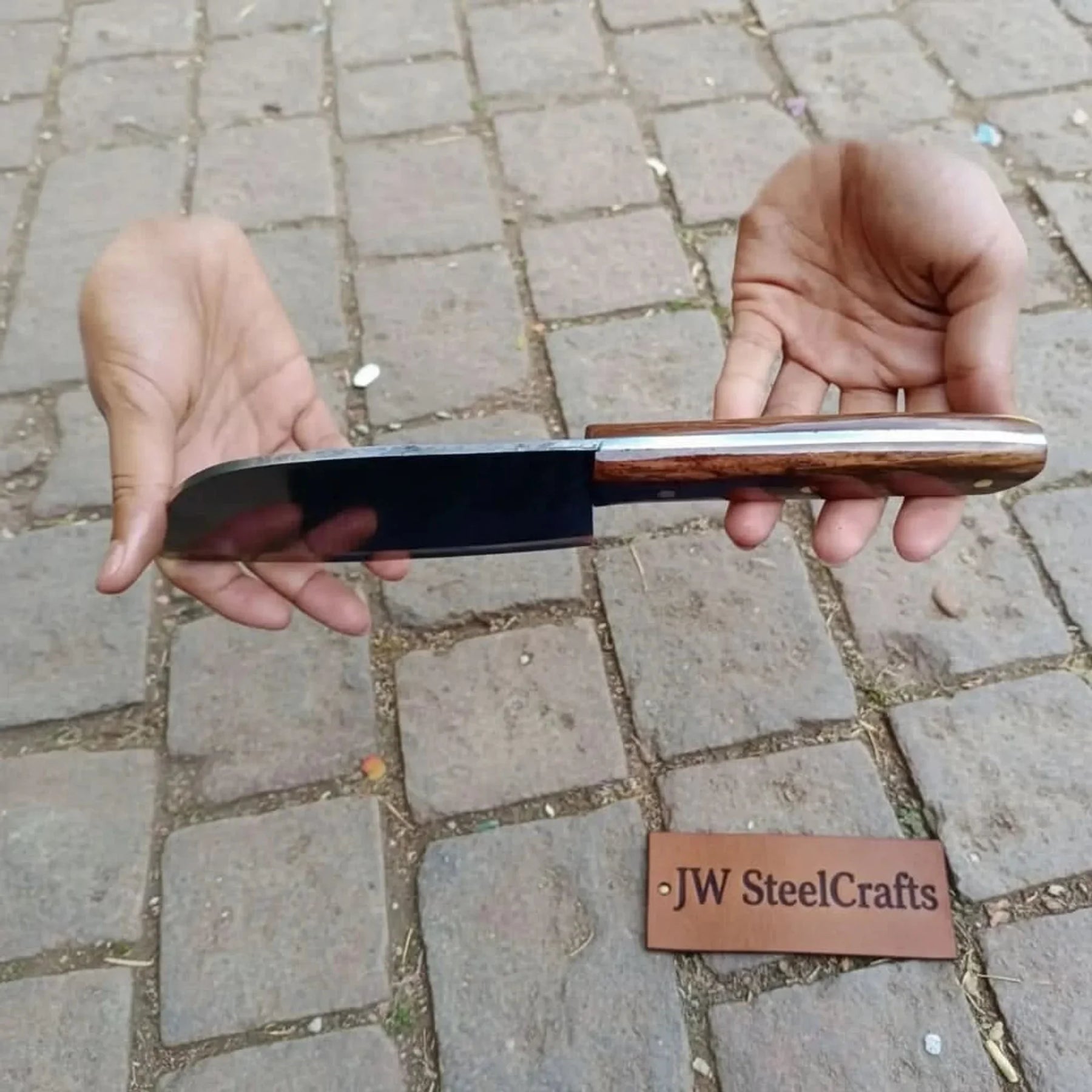 12-Inch Serbian Damascus Cleaver — Rosewood Handle & Leather Sheath detail view by JW SteelCrafts