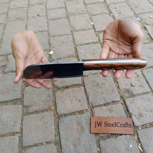 12-Inch Serbian Damascus Cleaver — Rosewood Handle & Leather Sheath detail view by JW SteelCrafts