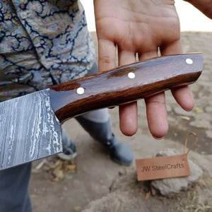 12-Inch Serbian Damascus Cleaver — Rosewood Handle & Leather Sheath detail view by JW SteelCrafts