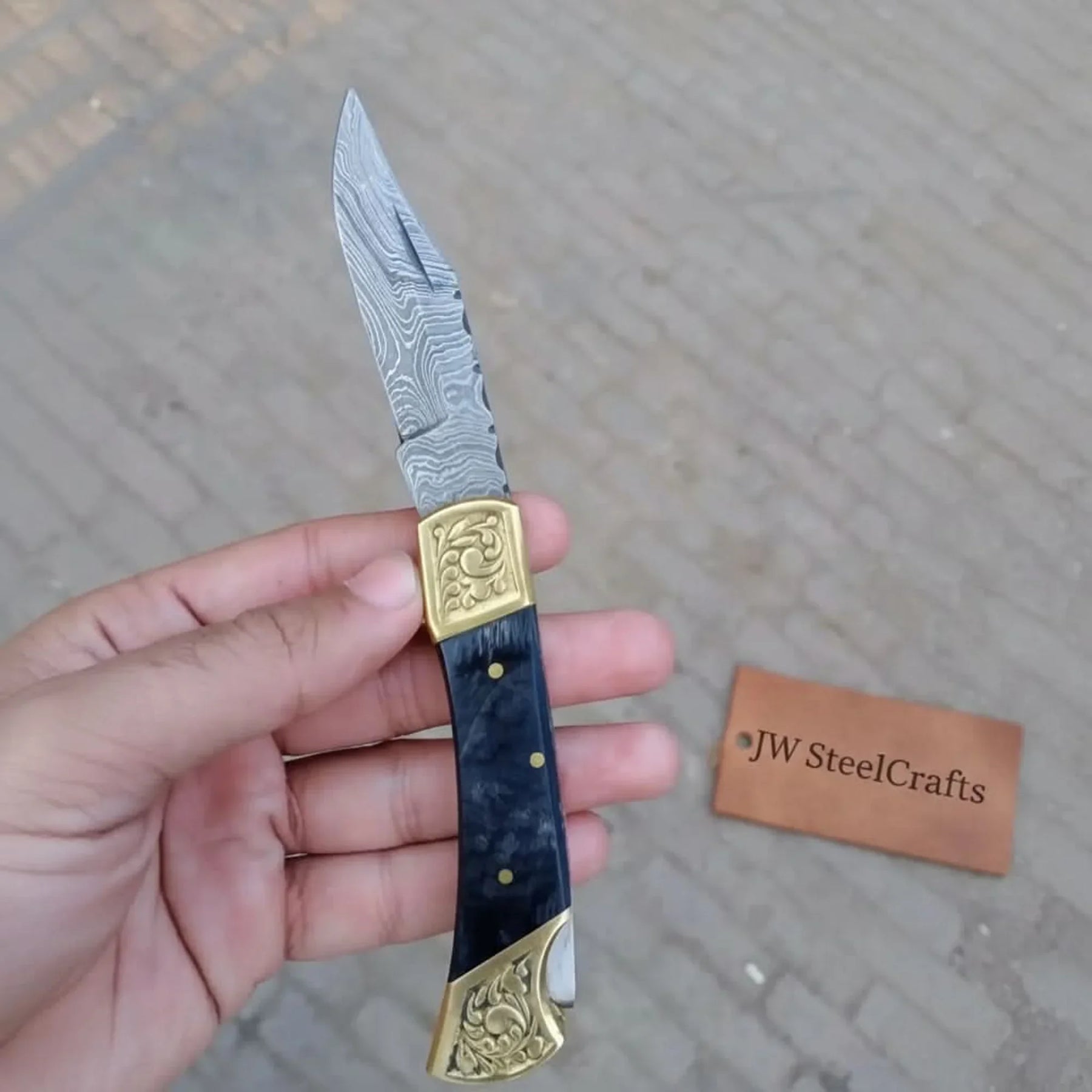 Handmade Damascus Steel Folding Knife with Gray Micarta Handle by JW SteelCrafts