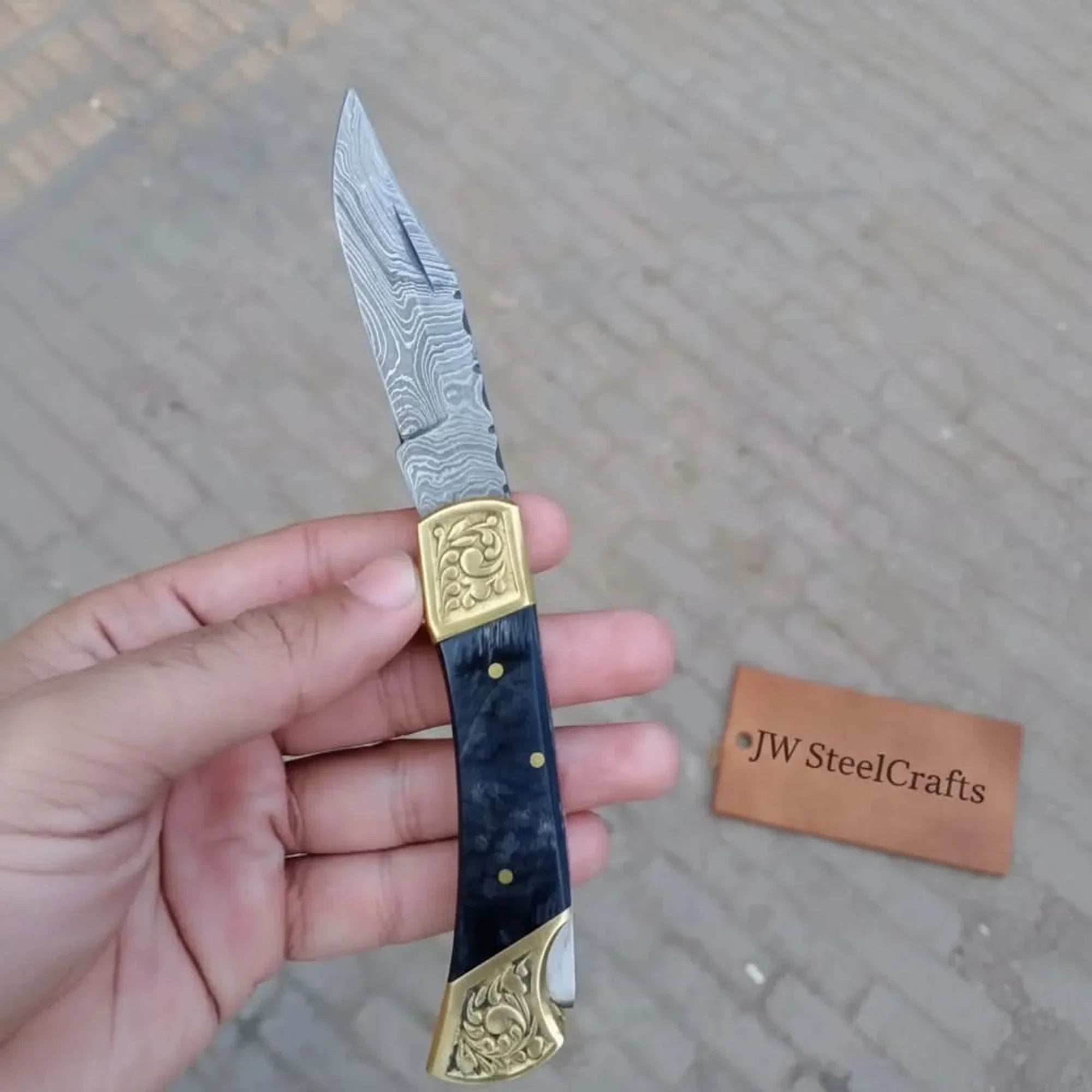 Handmade Damascus Steel Folding Knife with Gray Micarta Handle by JW SteelCrafts