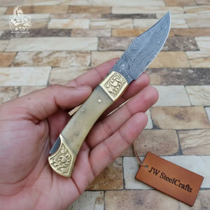 Handmade Damascus Steel Folding Pocket Knife with Bone Handle & Engraved Brass Bolsters by JW SteelCrafts