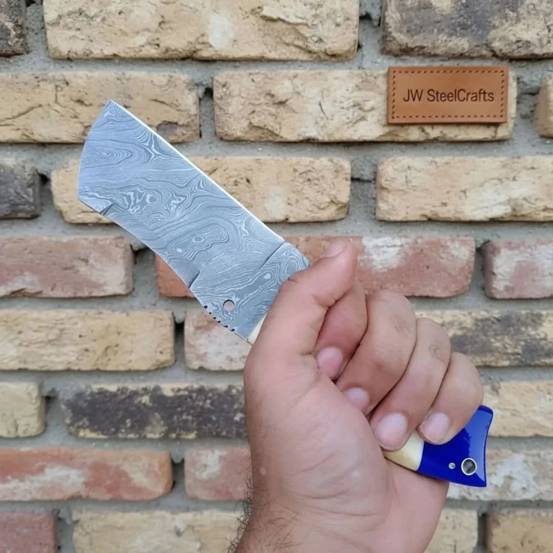 Handmade Damascus Tanto Knife with Bone and Blue Resin Handle, Fixed Blade Outdoor Utility Knife by JW SteelCrafts
