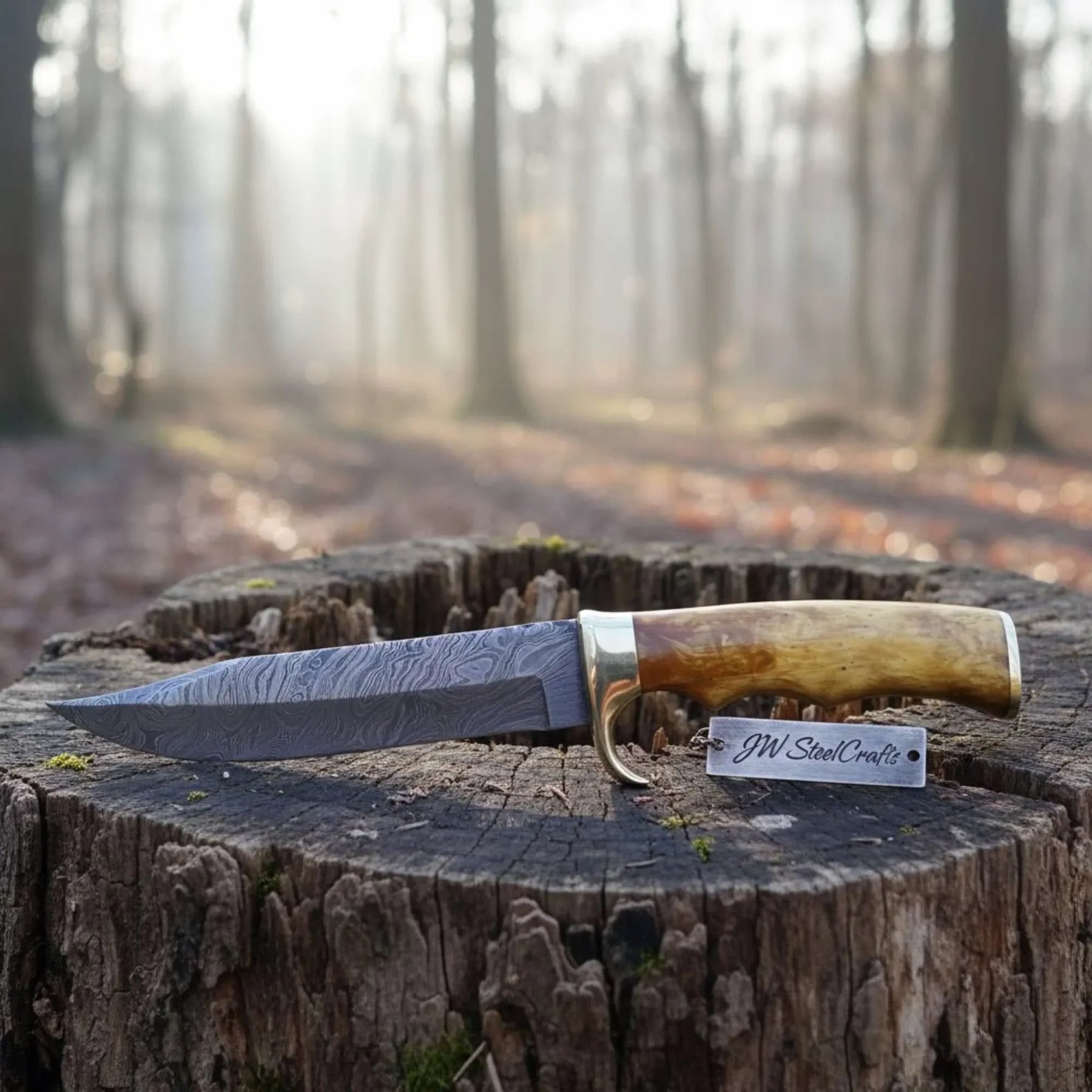 Sheffield Style Bowie Knife Damascus Clip Point Blade Brass Guard Bone Handle Handmade Fixed Blade by JW SteelCrafts