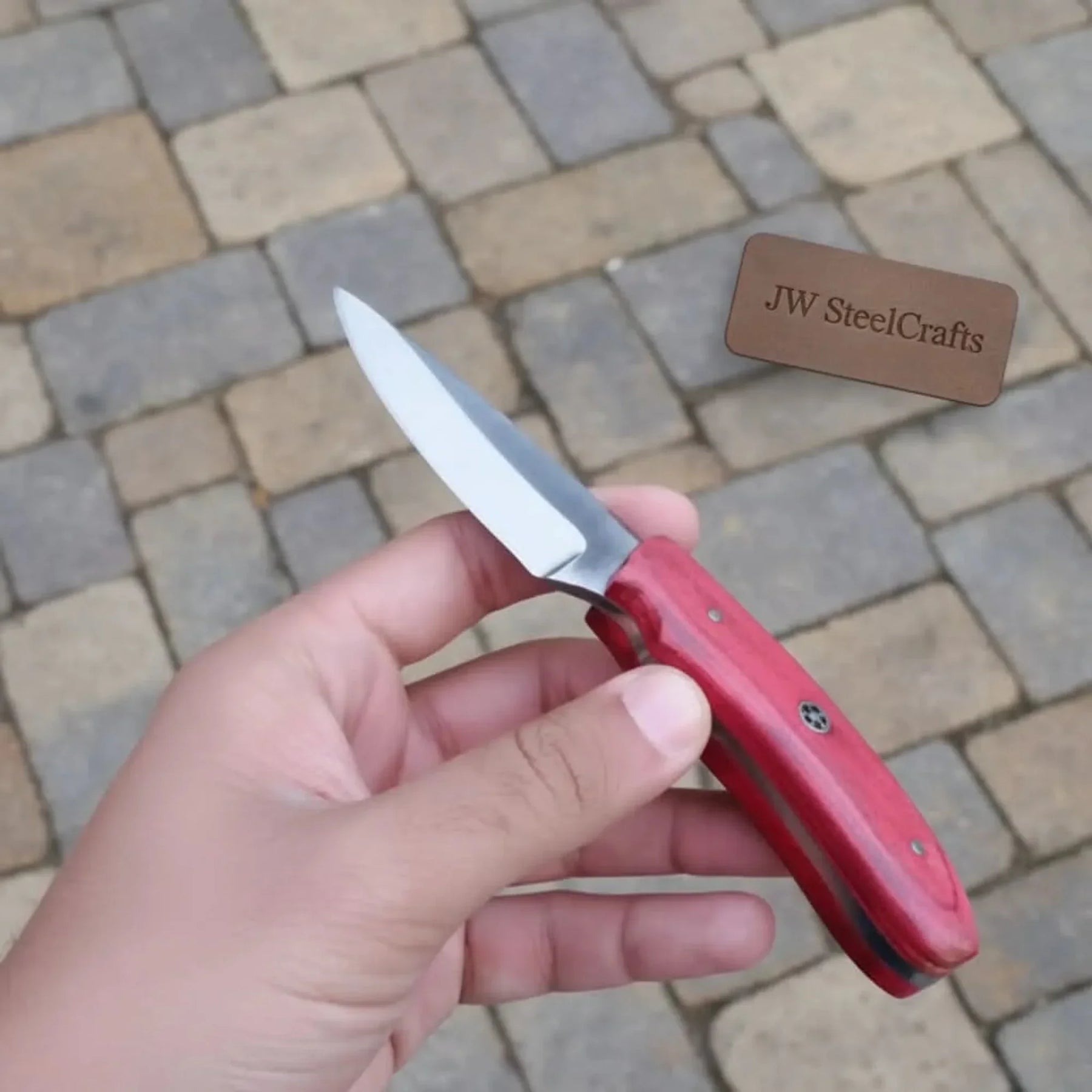 Handmade Skinner Knife Red Wood Handle Fixed Blade detail view by JW SteelCrafts