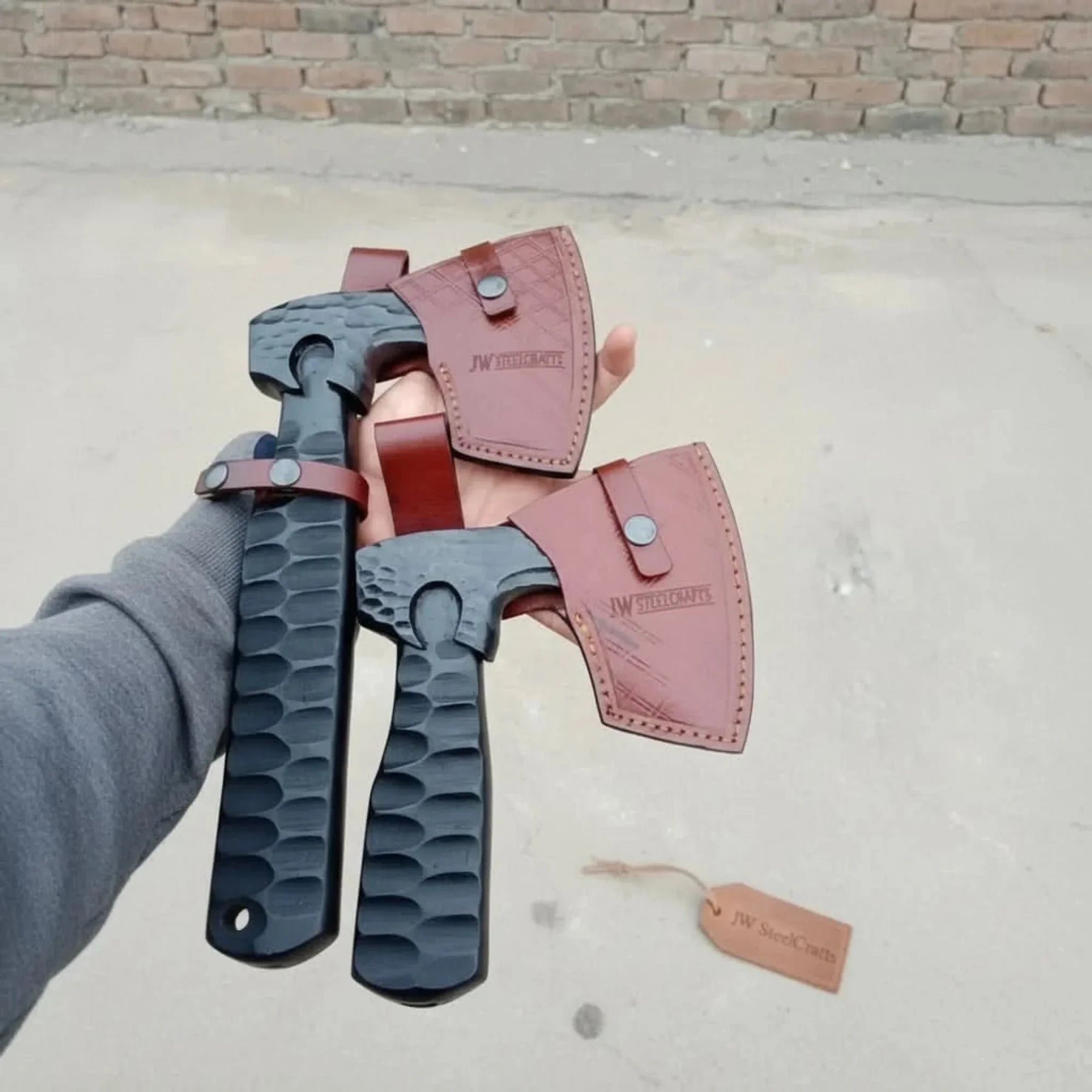 Forged Tool Axe Duo – Textured Steel Heads with Sculpted Hardwood Handles and Leather Sheaths detail view by JW SteelCrafts