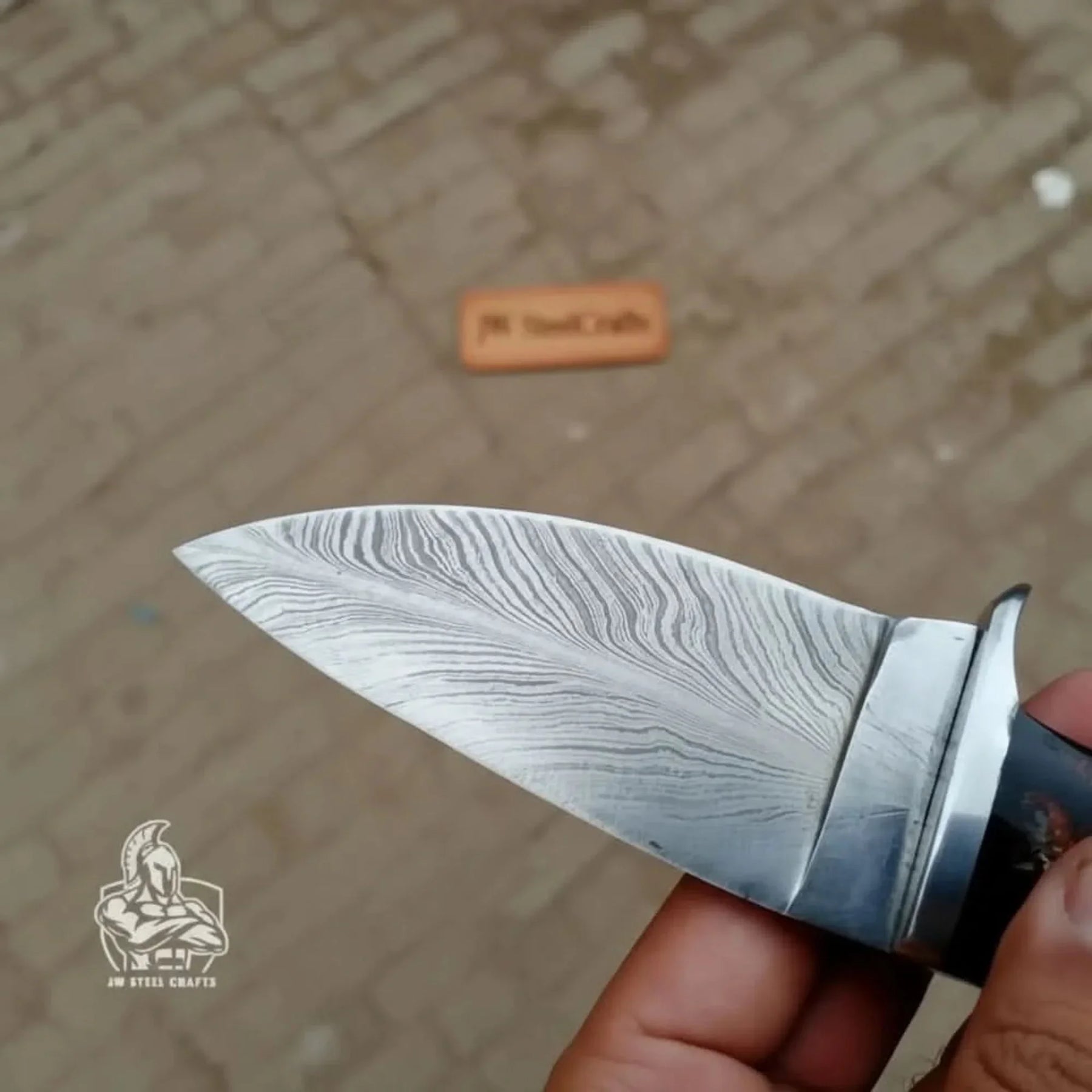 Skinner Knife, Feather Damascus Blade, Resin Handle, Fixed Blade Hunting Knife detail view by JW SteelCrafts