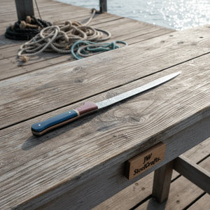 13-Inch Forged Damascus Boning & Fillet Knife — Blue and Red Two-Tone Resin Handle, Steel Bolster & Silver Pins detail view