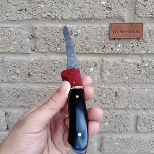 13-Inch Forged Damascus Boning & Fillet Knife — Blue and Red Two-Tone Resin Handle, Steel Bolster & Silver Pins detail view