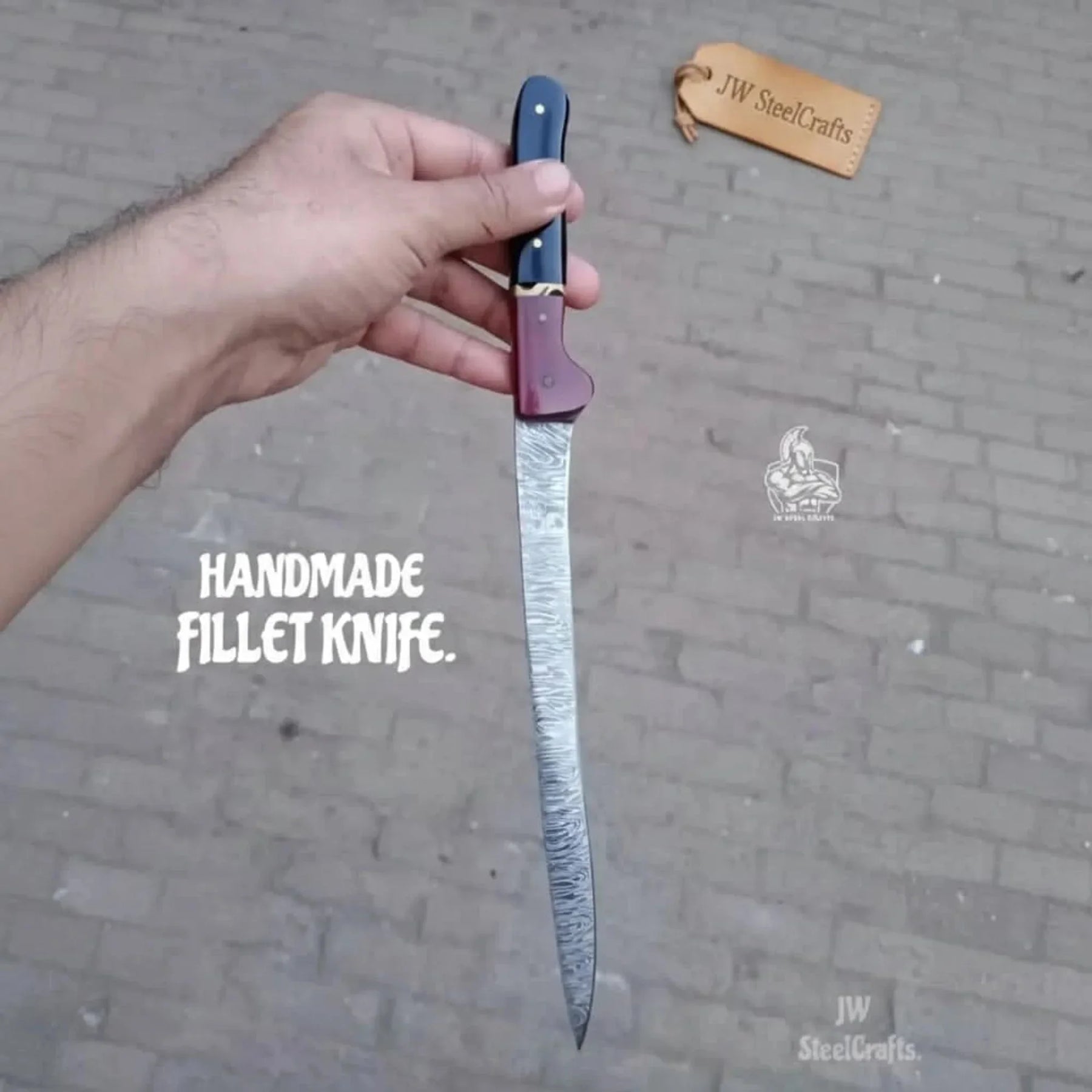 13-Inch Forged Damascus Boning & Fillet Knife — Blue and Red Two-Tone Resin Handle, Steel Bolster & Silver Pins detail view
