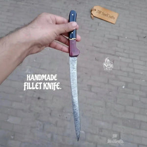 13-Inch Forged Damascus Boning & Fillet Knife — Blue and Red Two-Tone Resin Handle, Steel Bolster & Silver Pins detail view