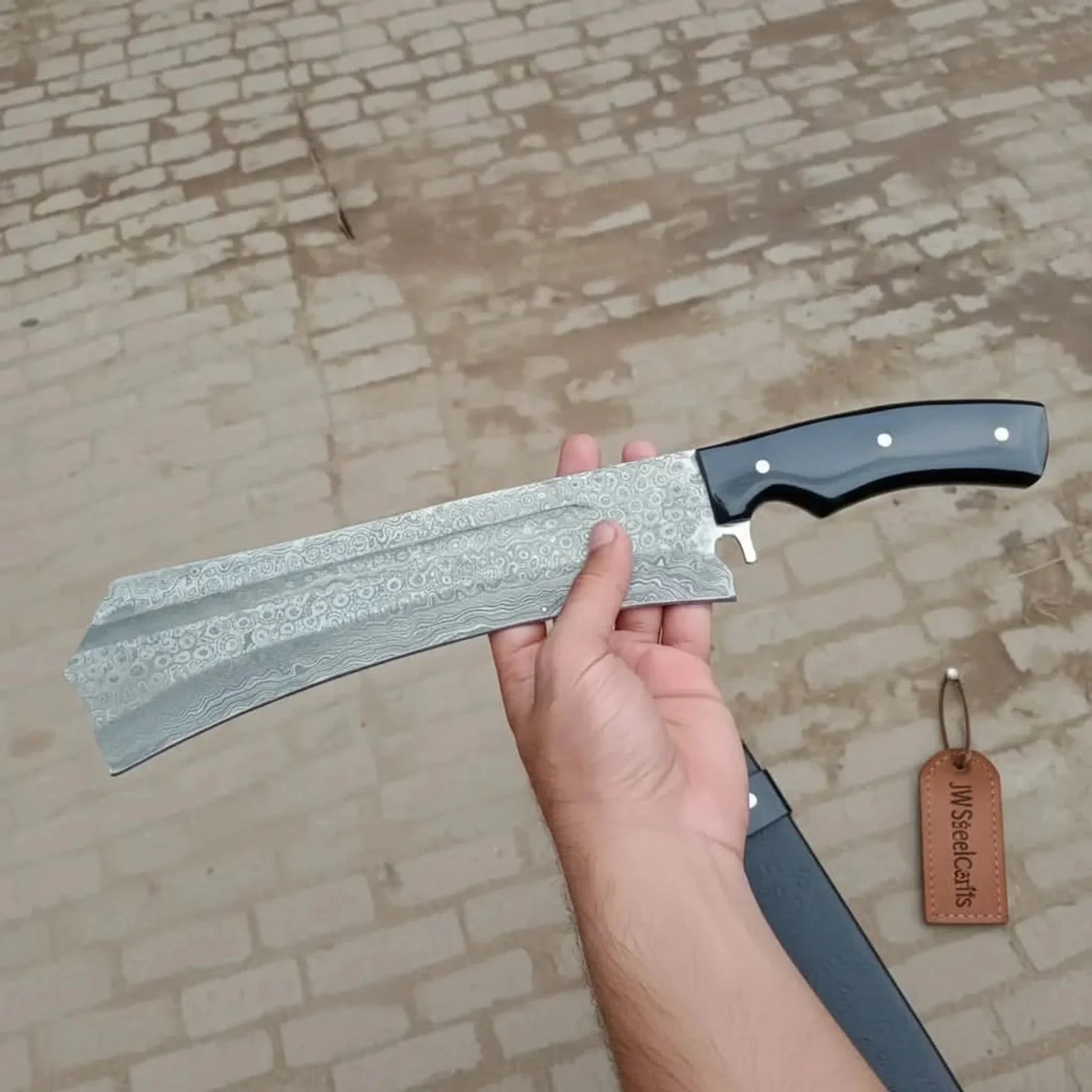 Forged Damascus K-Tip Nakiri Knife Raindrop Pattern Blade, Black Resin Handle by JW SteelCrafts
