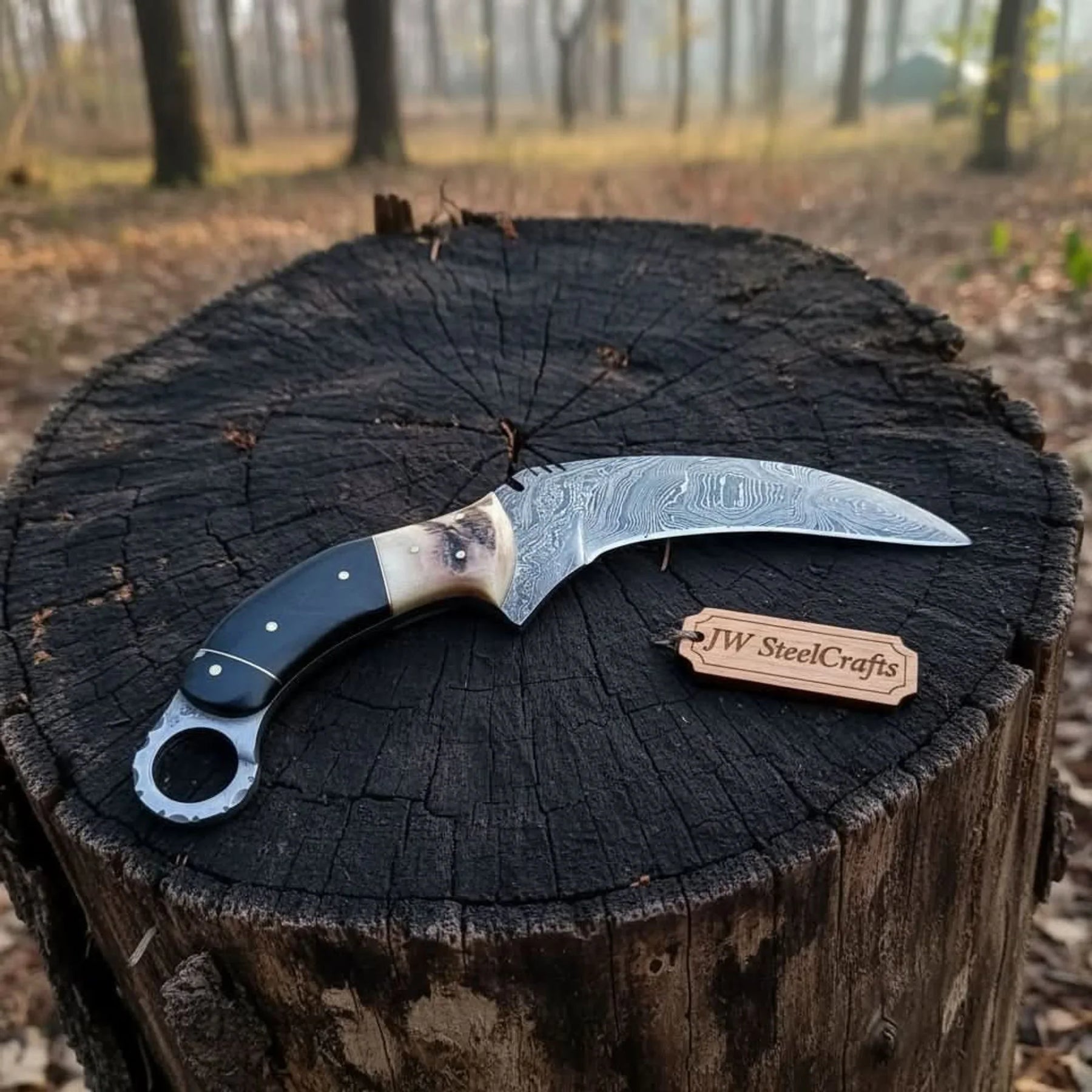 Handmade Damascus Karambit Knife with Horn Handle and Finger Ring detail view by JW SteelCrafts
