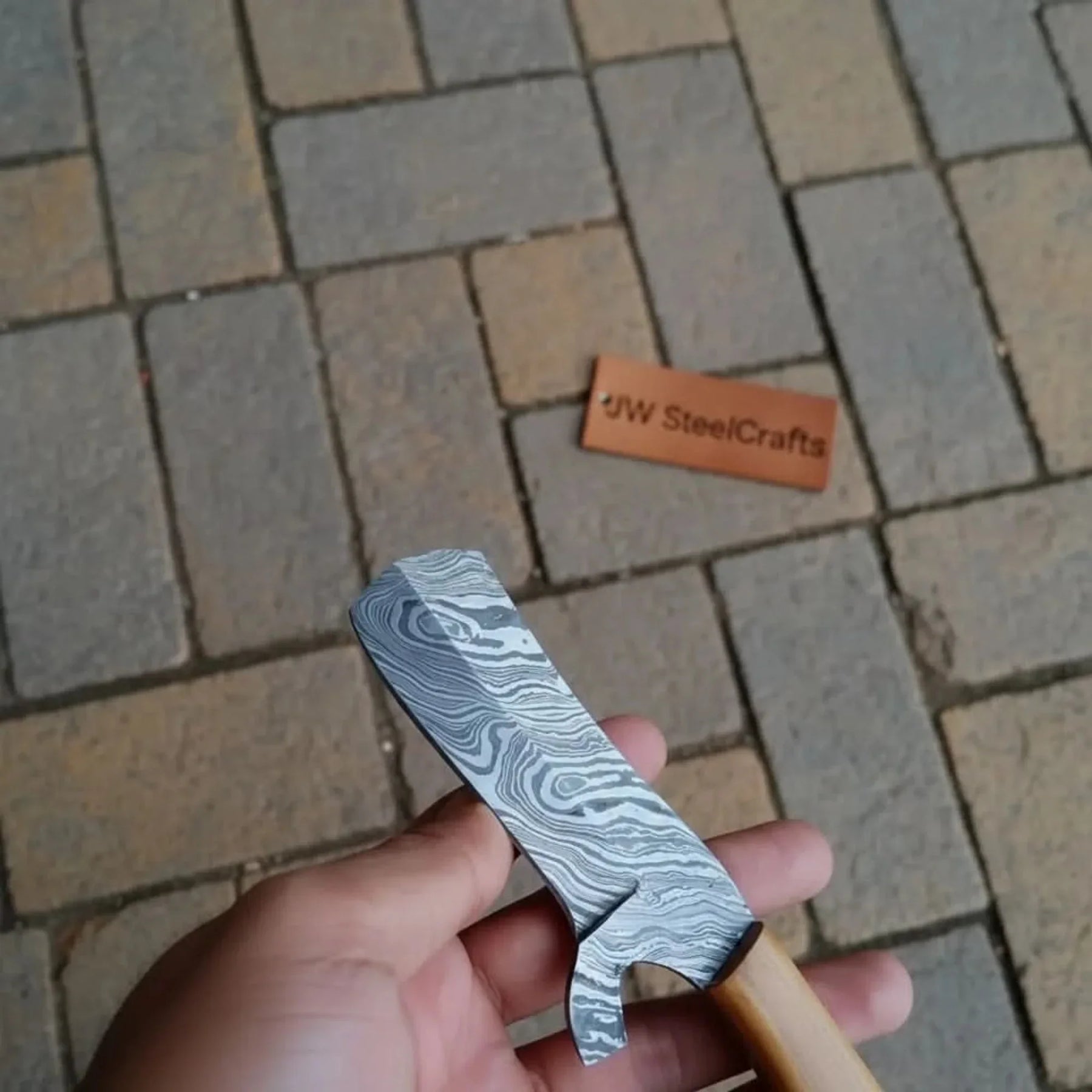 Damascus Bull Cutter Knife Twisted Steel Olive Wood Handle detail view by JW SteelCrafts