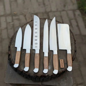 7-Piece Stainless Steel Kitchen Knife Set — Olive Wood Handles, Steel Bolsters and Leather Kit by JW SteelCrafts, Damascus knife main product photo