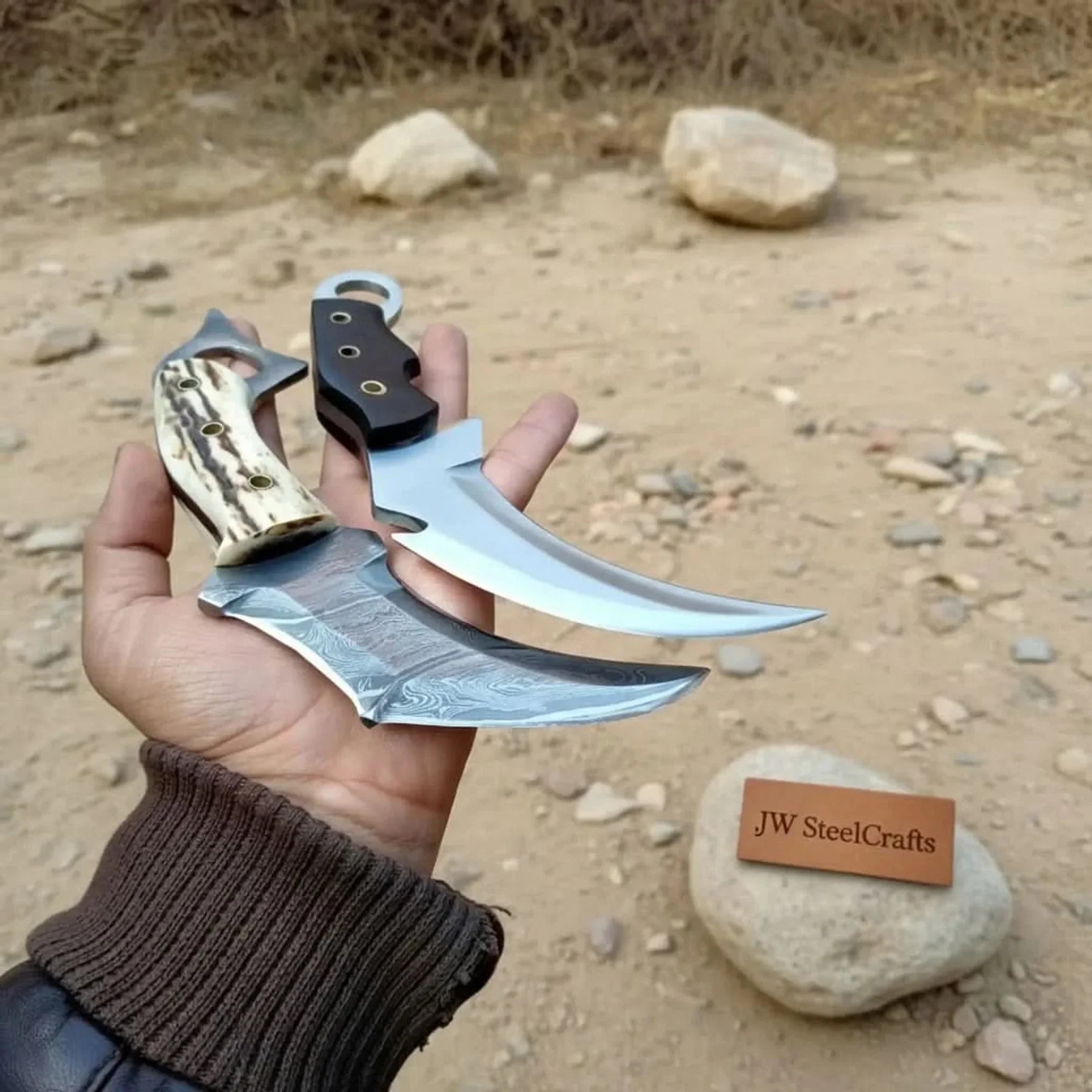 Damascus Steel Karambit Pair, Stag Horn & Wood Handle, 9-inch Blade detail view by JW SteelCrafts