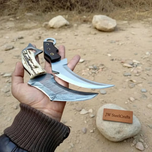 Damascus Steel Karambit Pair, Stag Horn & Wood Handle, 9-inch Blade detail view by JW SteelCrafts