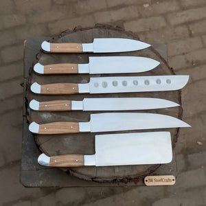 7-Piece Stainless Steel Kitchen Knife Set — Olive Wood Handles, Steel Bolsters and Leather Kit by JW SteelCrafts, Damascus knife detail photo 3