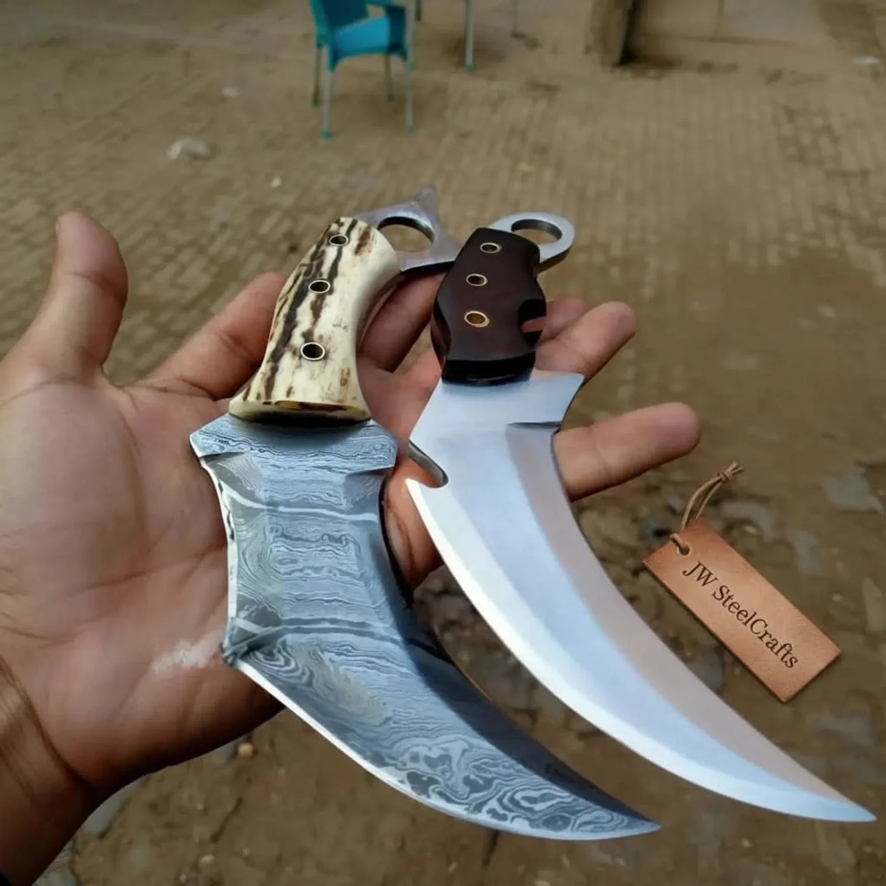 Damascus Steel Karambit Pair, Stag Horn & Wood Handle, 9-inch Blade detail view by JW SteelCrafts