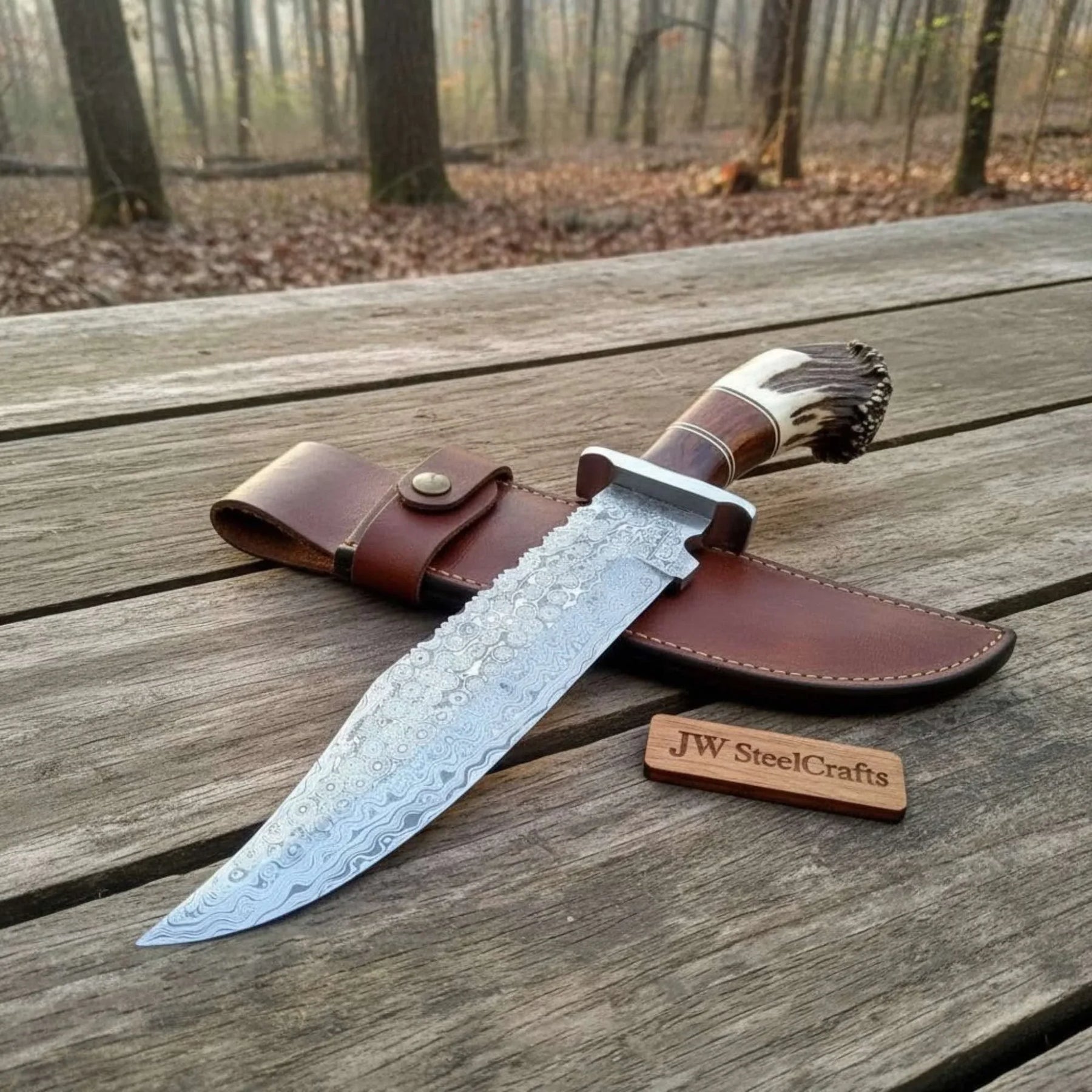 Sheffield Clip Point Bowie Knife with Damascus Steel and Crown Stag by JW SteelCrafts