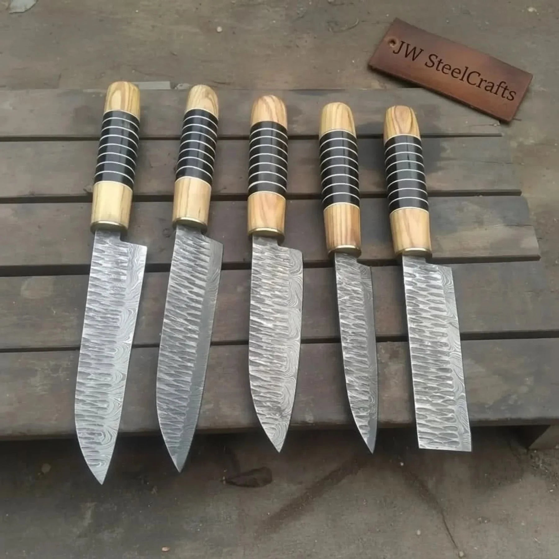 Hand Forged 5-Piece Damascus Chef Knife Set — Olive Wood & Black Resin Handles detail view by JW SteelCrafts