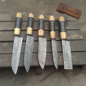 Hand Forged 5-Piece Damascus Chef Knife Set — Olive Wood & Black Resin Handles detail view by JW SteelCrafts