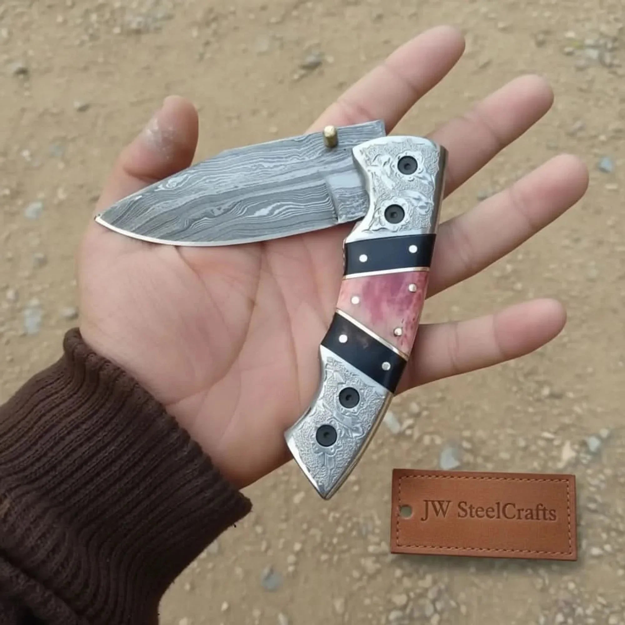 Handmade Damascus Folding Knife with Engraved Bolster, Black Resin and Colored Bone Handle – Custom EDC Pocket Knife by JW