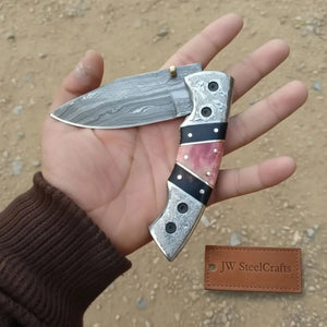 Handmade Damascus Folding Knife with Engraved Bolster, Black Resin and Colored Bone Handle – Custom EDC Pocket Knife by JW