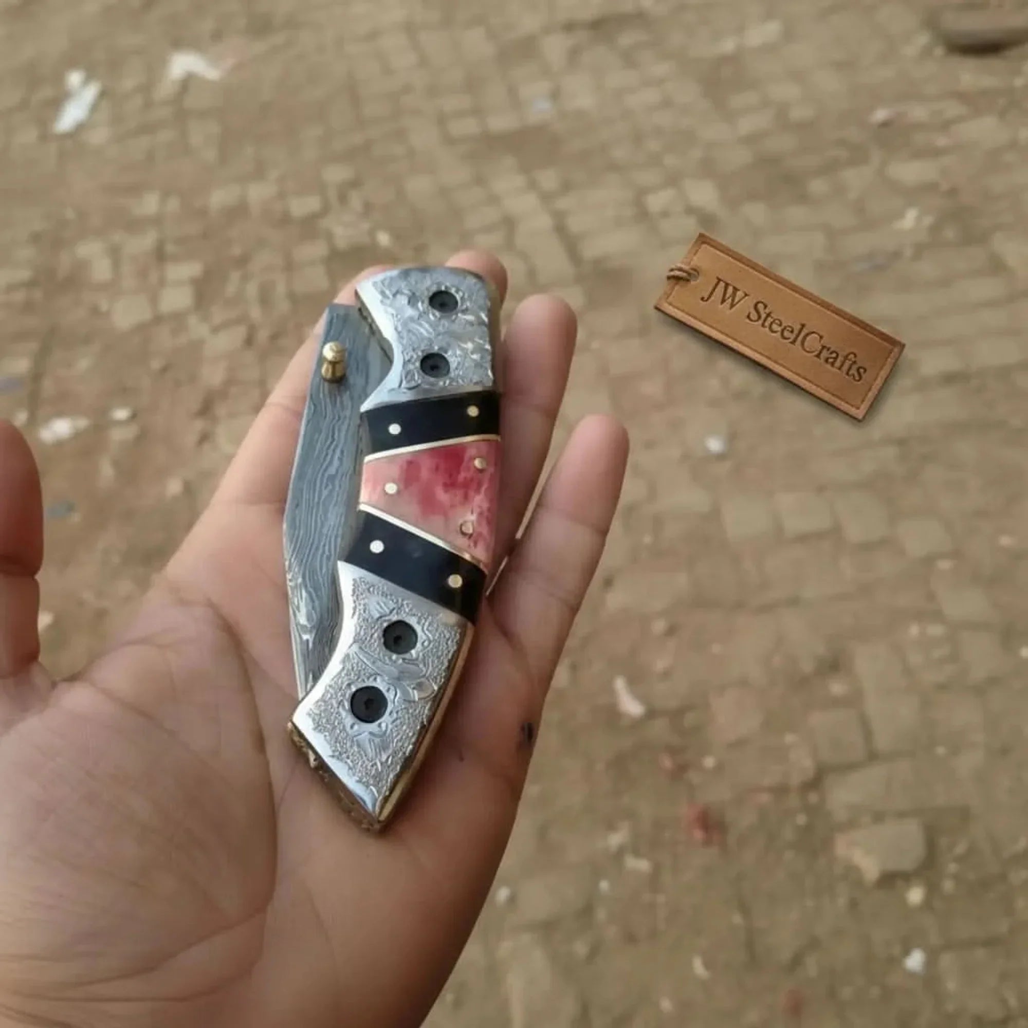 Handmade Damascus Folding Knife with Engraved Bolster, Black Resin and Colored Bone Handle – Custom EDC Pocket Knife by JW