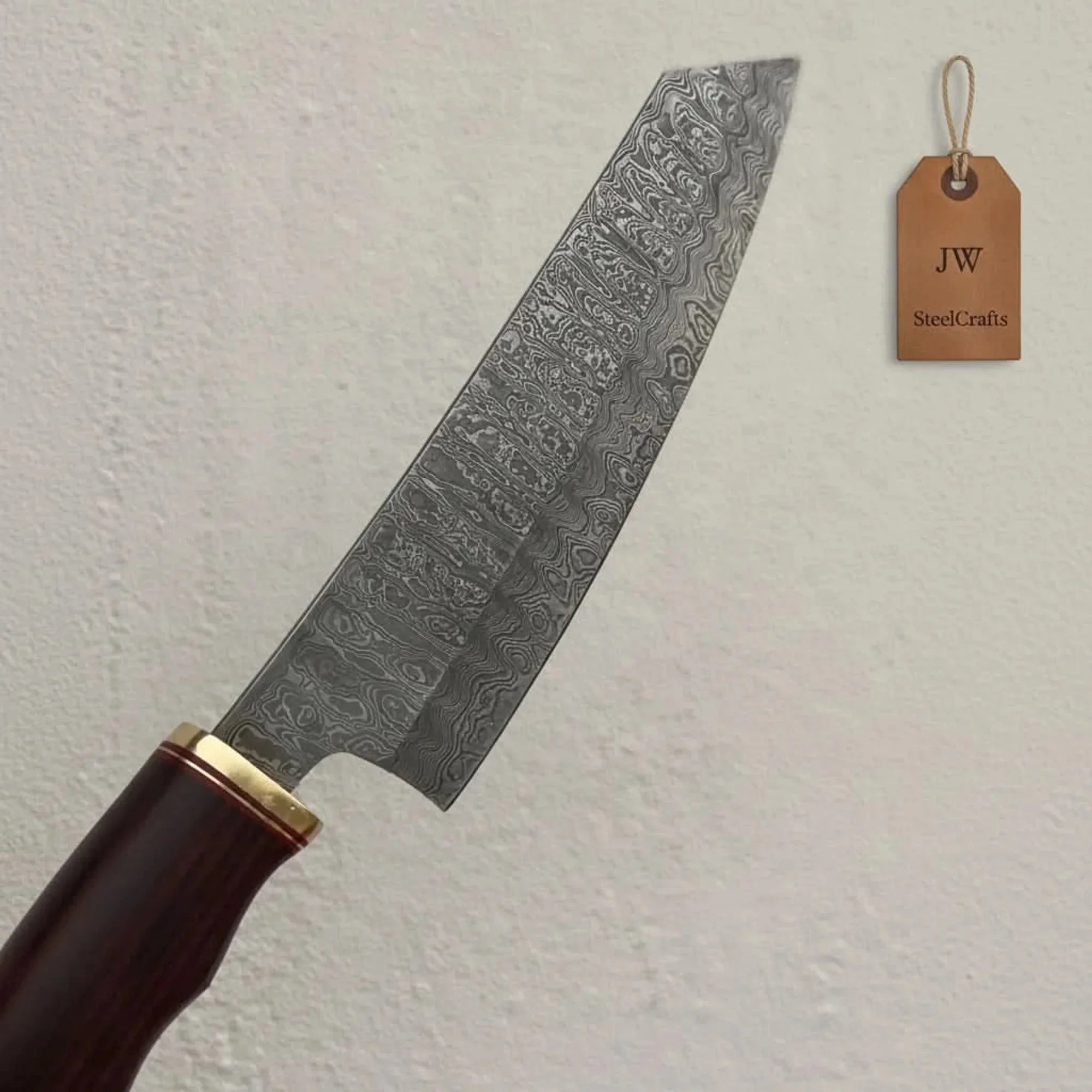 8” Ladder Pattern Damascus Gyuto Chef Knife with Rosewood Handle & Brass Bolster detail view by JW SteelCrafts
