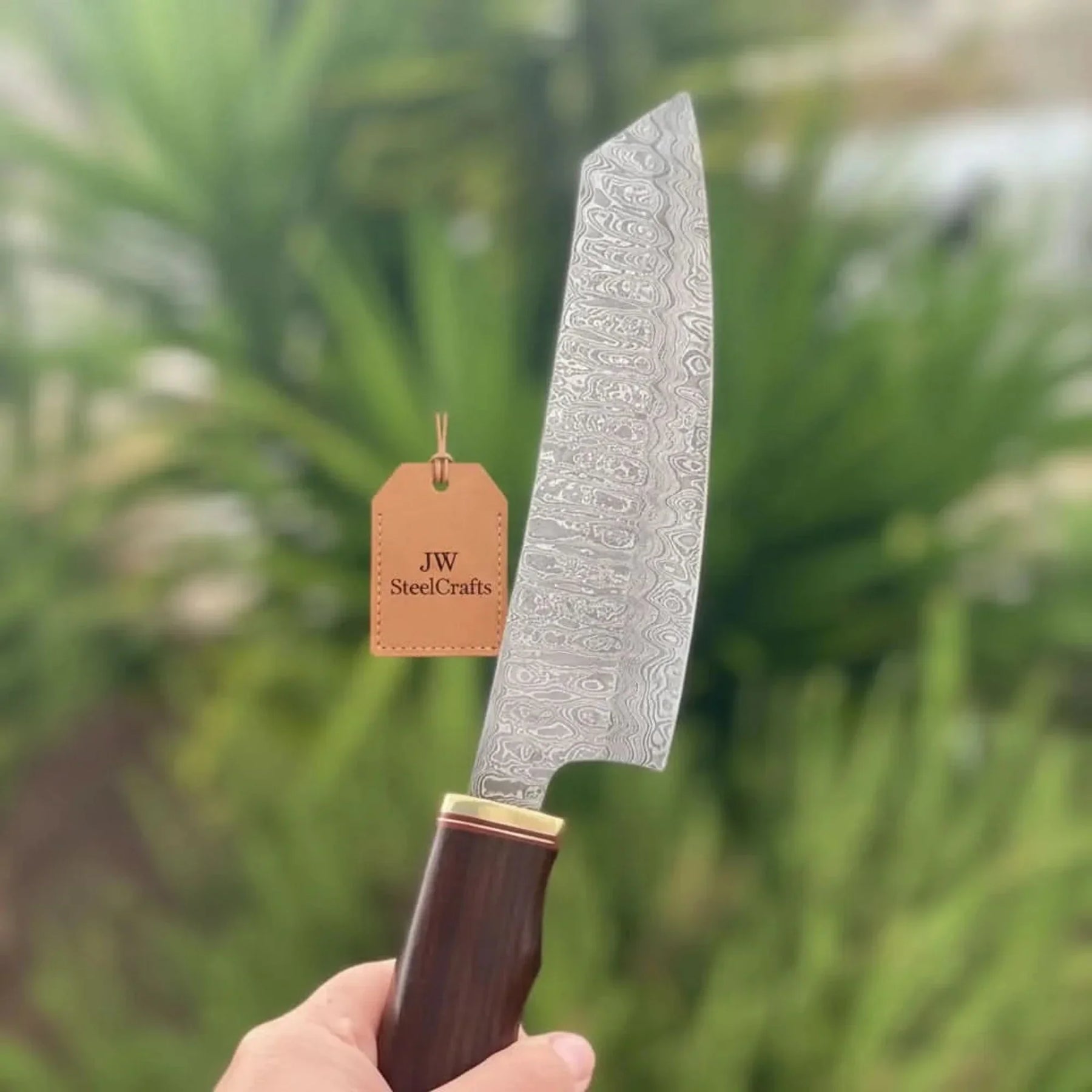 8” Ladder Pattern Damascus Gyuto Chef Knife with Rosewood Handle & Brass Bolster detail view by JW SteelCrafts