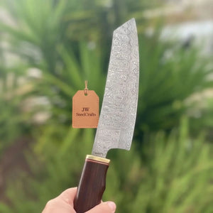 8” Ladder Pattern Damascus Gyuto Chef Knife with Rosewood Handle & Brass Bolster detail view by JW SteelCrafts