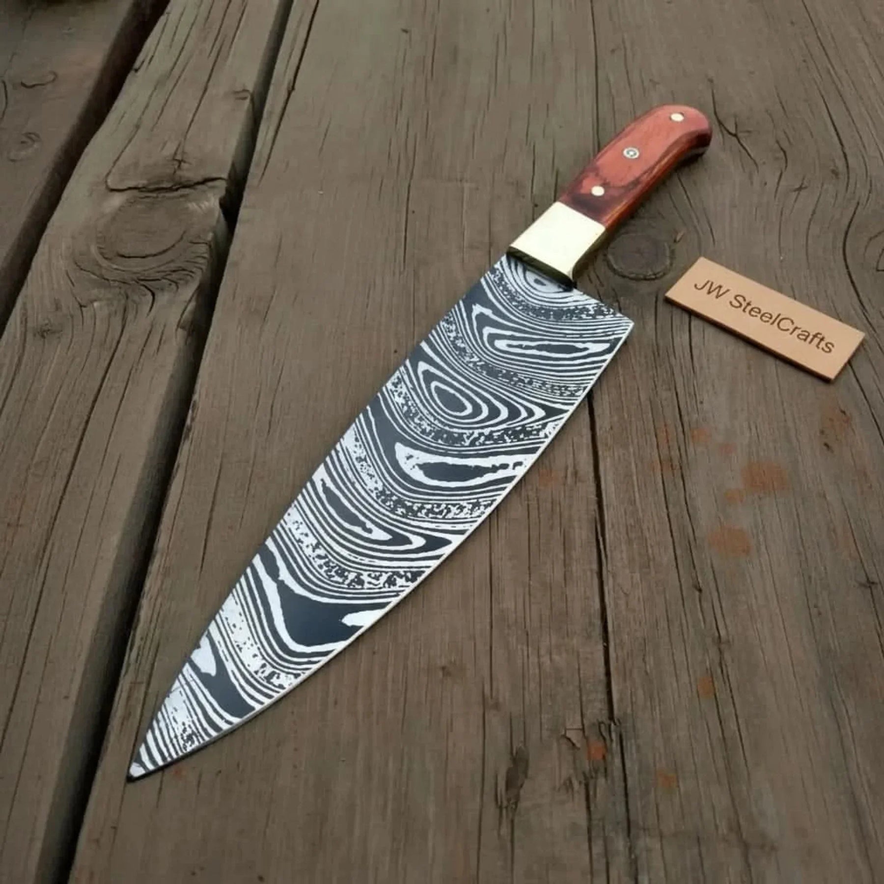 8” Carbon Steel Gyuto Chef Knife – Twisted Acid-Etched Blade with Red Pakka Wood Handle by JW SteelCrafts