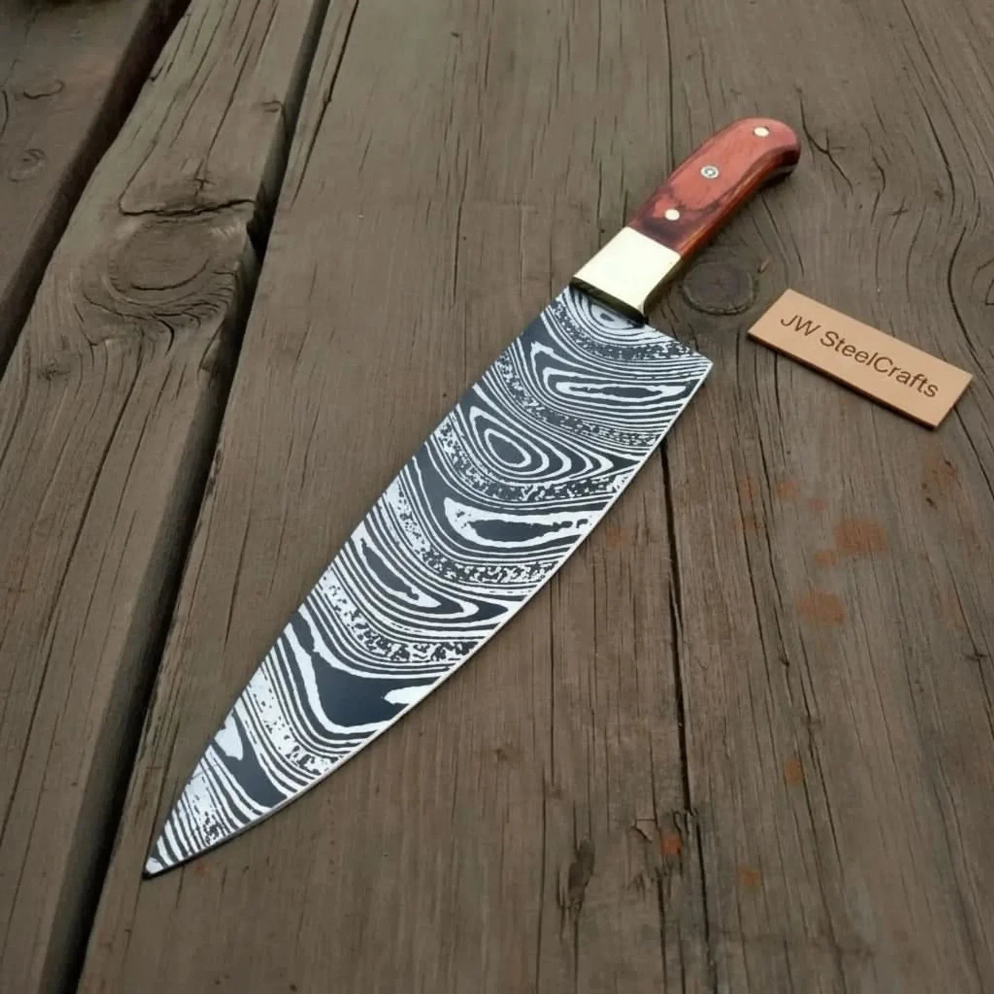 8” Carbon Steel Gyuto Chef Knife – Twisted Acid-Etched Blade with Red Pakka Wood Handle by JW SteelCrafts
