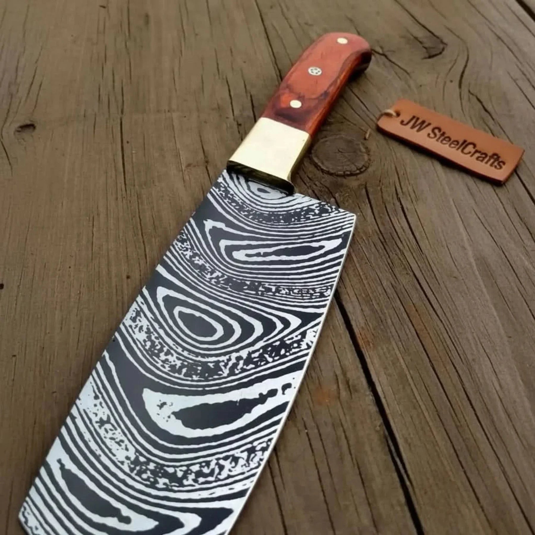 8” Carbon Steel Gyuto Chef Knife – Twisted Acid-Etched Blade with Red Pakka Wood Handle detail view by JW SteelCrafts