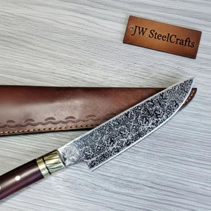 8” Acid-Etched Gyuto Chef Knife with Rosewood Handle & Brass Bolster (Full Tang) by JW SteelCrafts