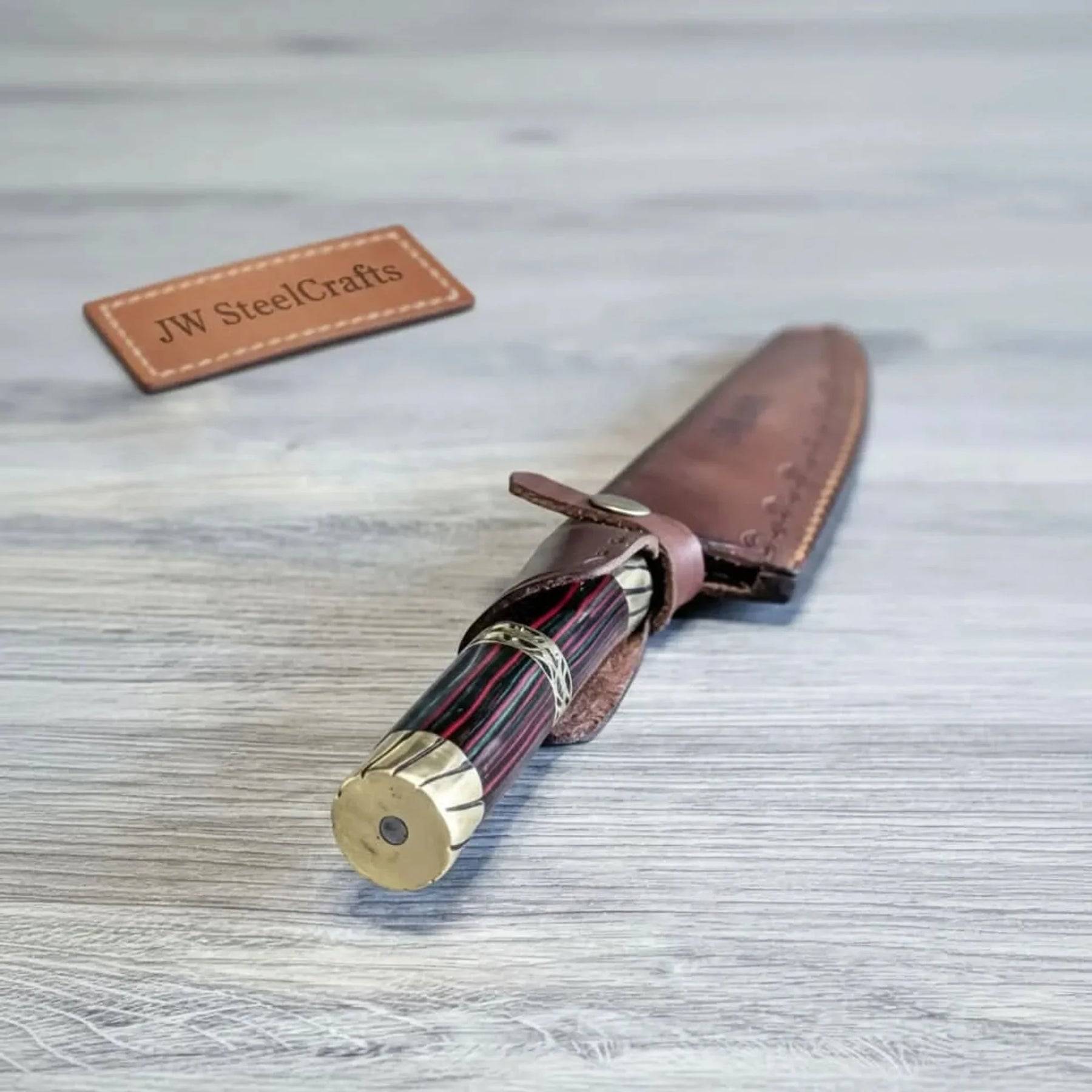 8” Acid-Etched Gyuto Chef Knife with Rosewood Handle & Brass Bolster (Full Tang) detail view by JW SteelCrafts
