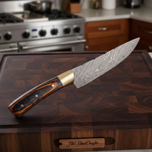 CUSTOM HAND FORGED DAMASCUS STEEL CHEF KNIFE WOOD AND BRASS HAndle detail view by JW SteelCrafts