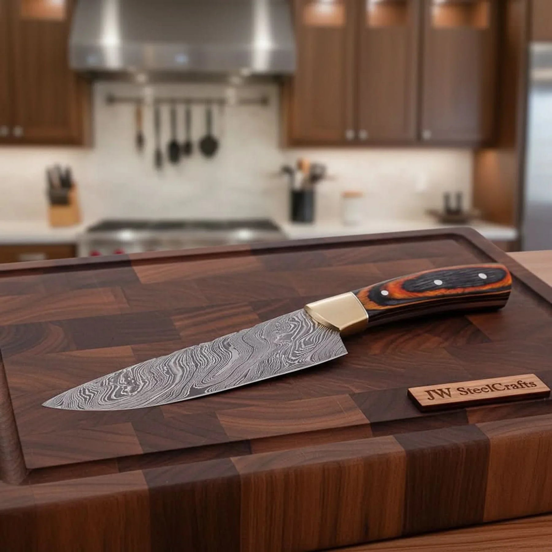 CUSTOM HAND FORGED DAMASCUS STEEL CHEF KNIFE WOOD AND BRASS HAndle by JW SteelCrafts