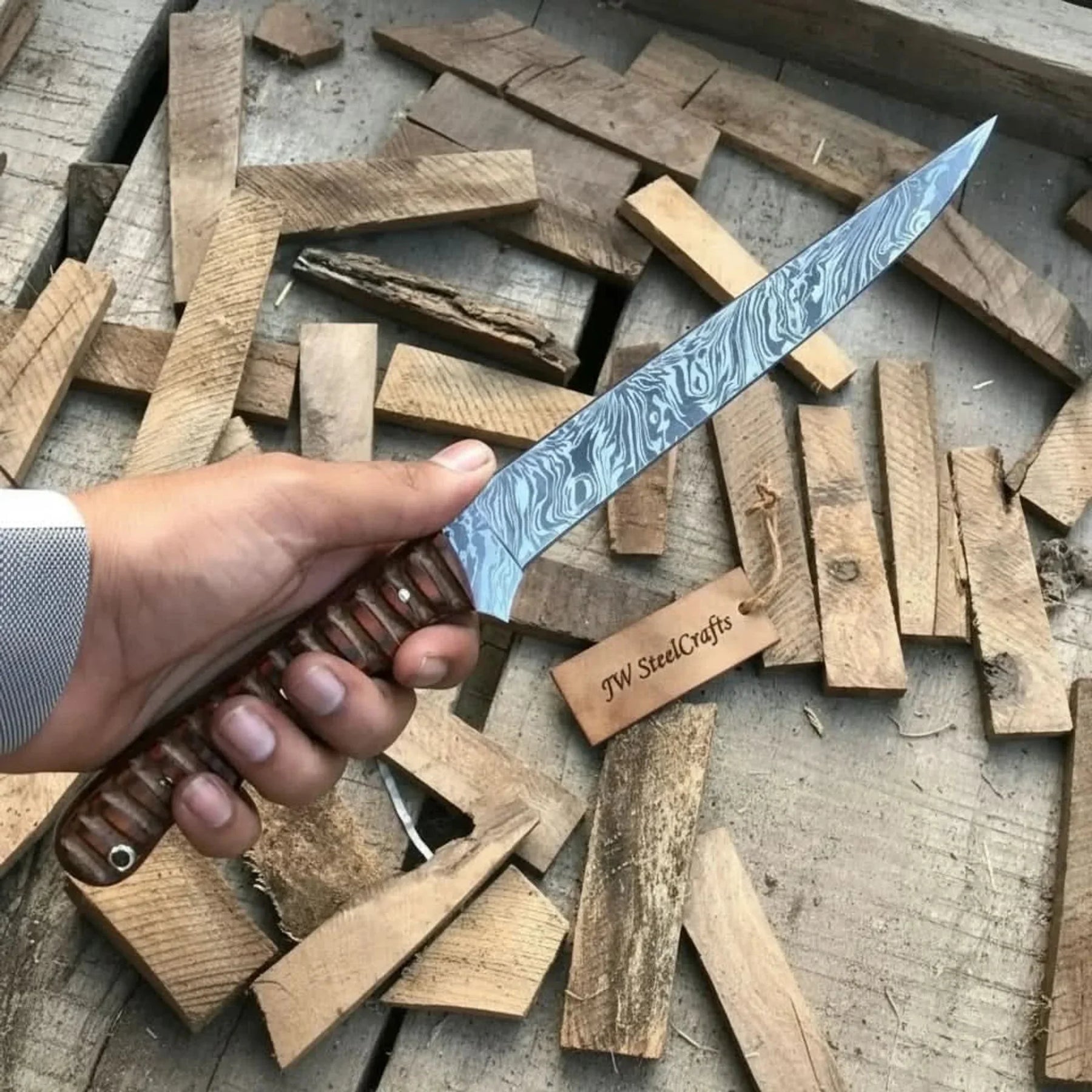 Hand-forged 13.5 Damascus Fish Fillet Knife – Flexible Full Tang with Ridged Texture Rosewood Handle by JW SteelCrafts
