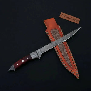 Handmade 13 Inch Overall Damascus Steel Fillet Knife – Full Tang Fishing Knife with Hardwood Handle and Leather Sheath. by JW
