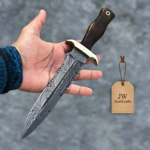 Hammer forged Damascus Dagger Knife with 8” Double Edge Serrated Blade, Sawback Spine, Brass Guard, Rosewood Handle (Full