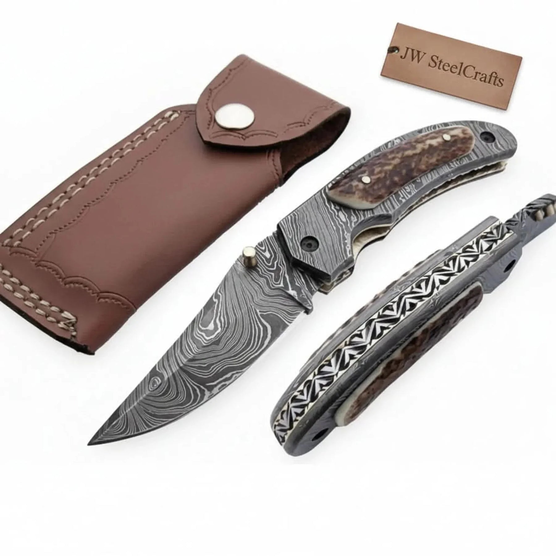 Handmade Damascus Folding Knife with Stag Horn Handle - Everyday Carry Knife by JW SteelCrafts by JW SteelCrafts