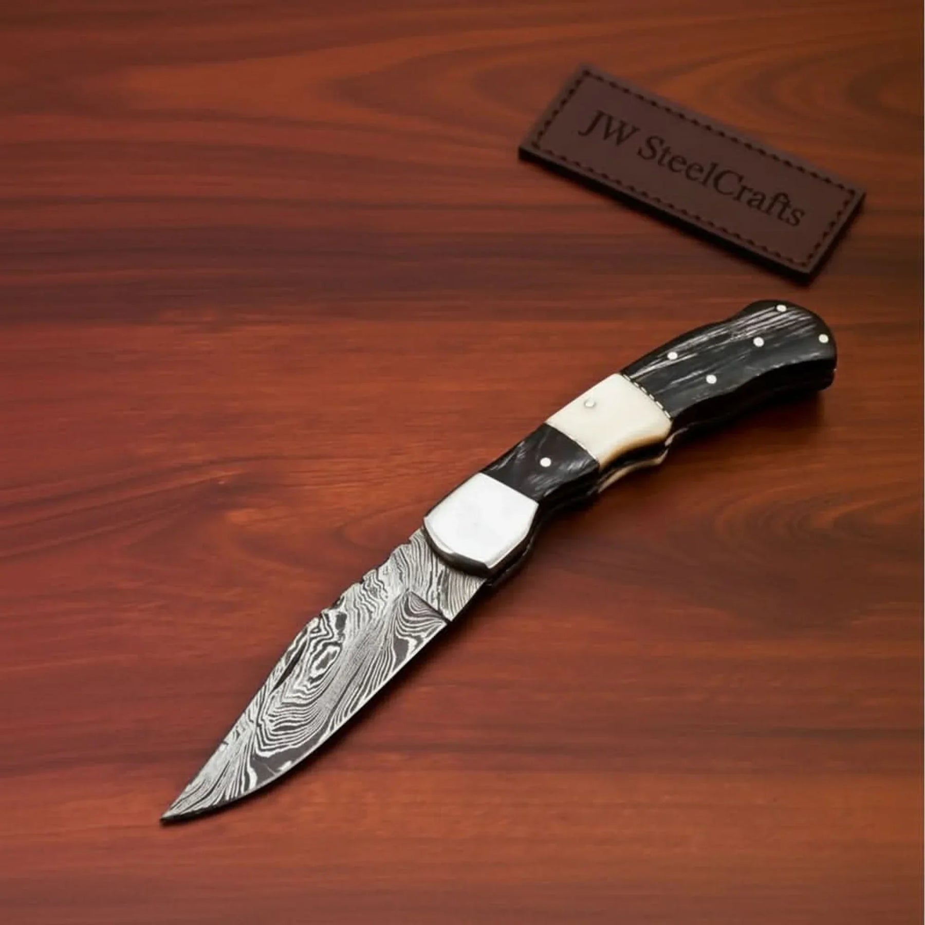 Handmade Damascus Folding Pocket Knife Engraved & Plain Handle Variants | Leather Sheath Included by JW SteelCrafts