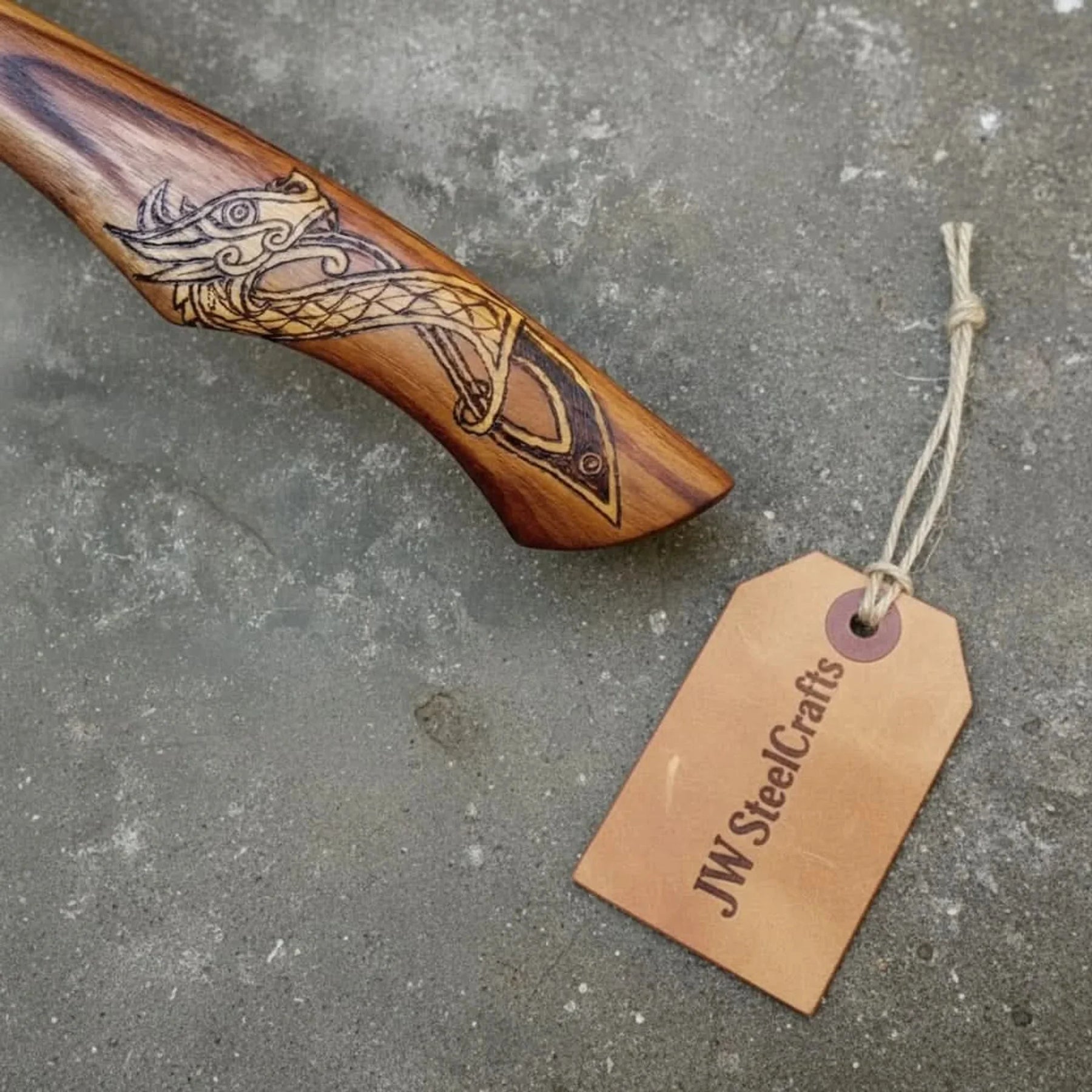 Skeggox Bearded Hatchet with Engraved Dragon Handle detail view by JW SteelCrafts